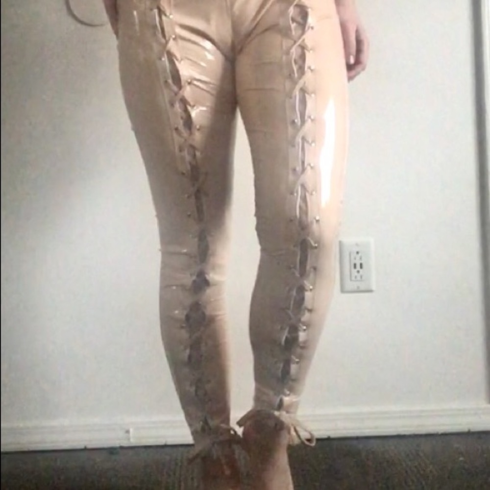 Nude vinyl lace up pants